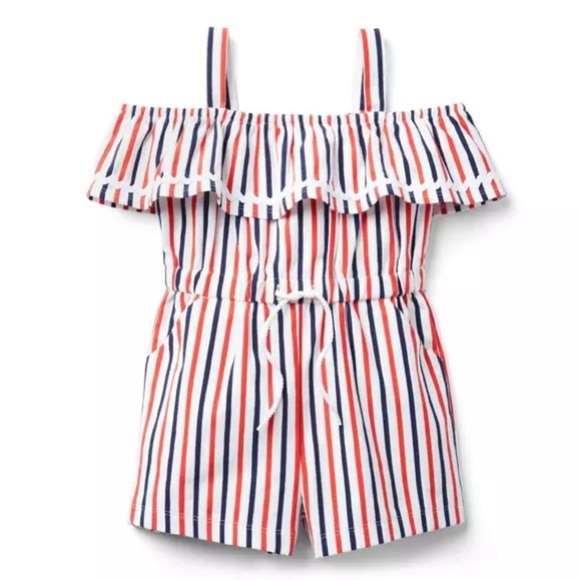 Janie Jack Red Striped Cold Shoulder Romper Jumpsuit sz 5 - Picture 1 of 4